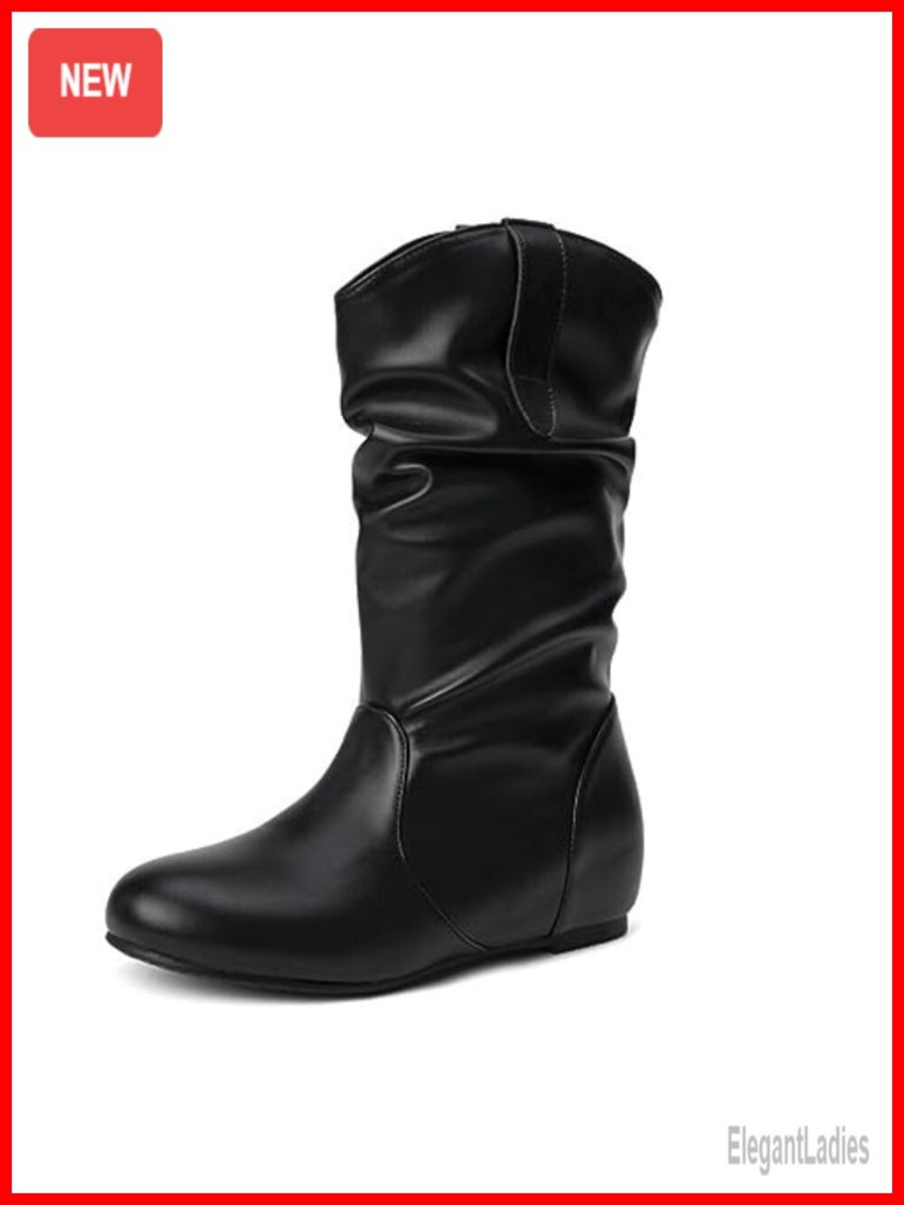 Wide Width Mid Calf Boots Flat Heel Slouchy Faux Leather Winter Slip-On